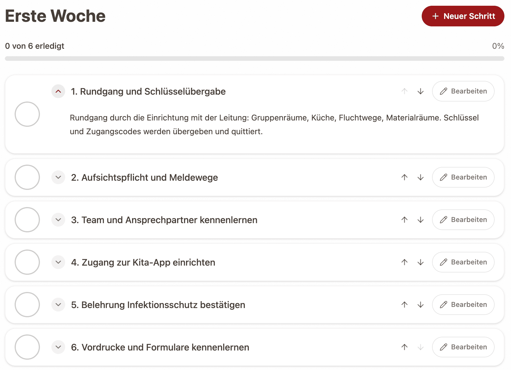 Einarbeitungsliste „Erste Woche“ mit sechs Schritten und Fortschrittsbalken