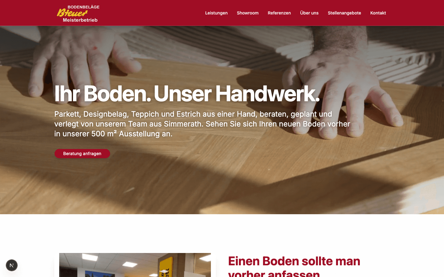 Startseite des Meisterbetriebs Bodenbeläge Breuer, Simmerath, mit Bild einer Parkettverlegung