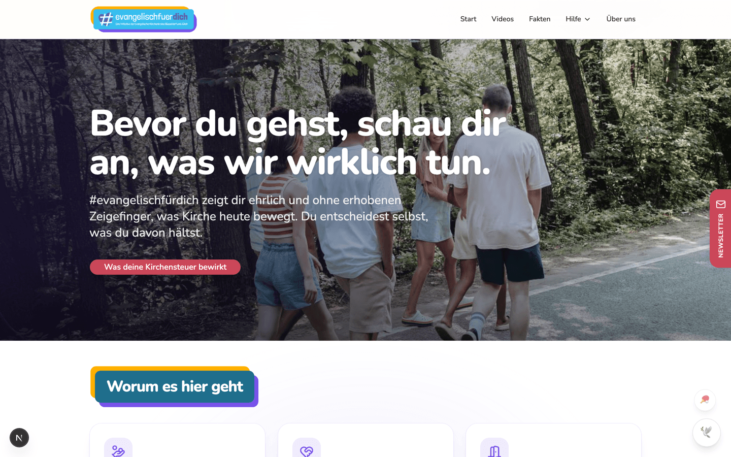 Startseite von evangelischfuerdich.de mit Überschrift „Bevor du gehst, schau dir an, was wir wirklich tun“