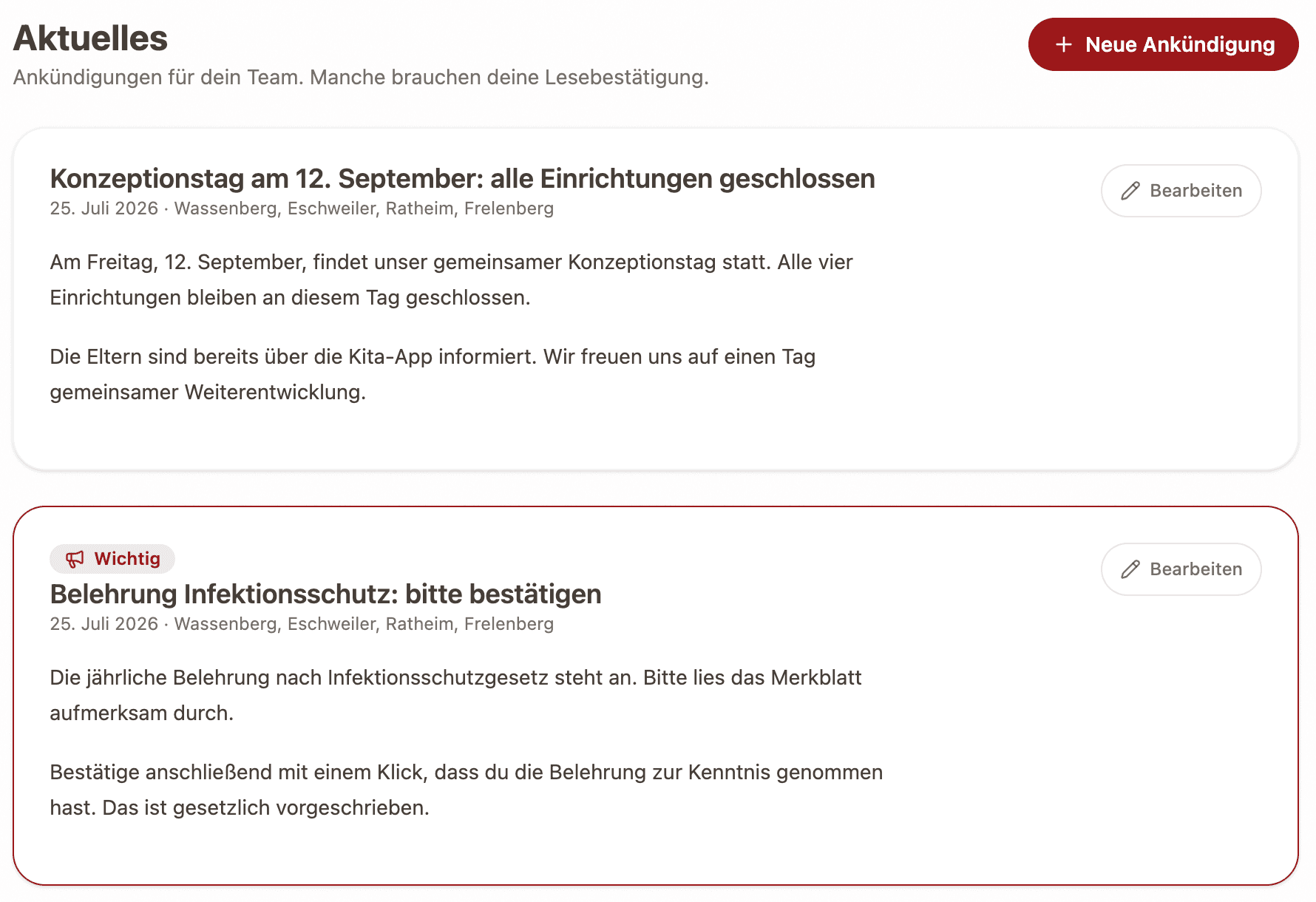 Ankündigungen im Mitarbeiterbereich, eine davon als wichtig markiert mit Bitte um Bestätigung