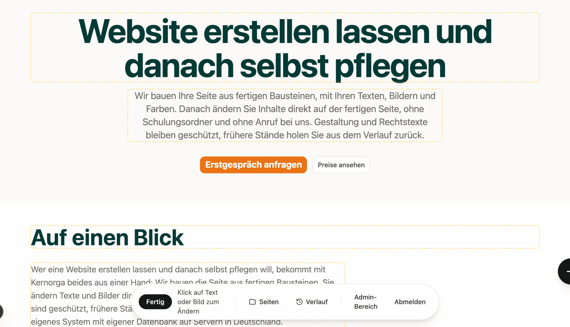 Bearbeiten-Modus auf einer fertigen Seite: Überschrift und Text sind anklickbar, unten die Bearbeiten-Leiste