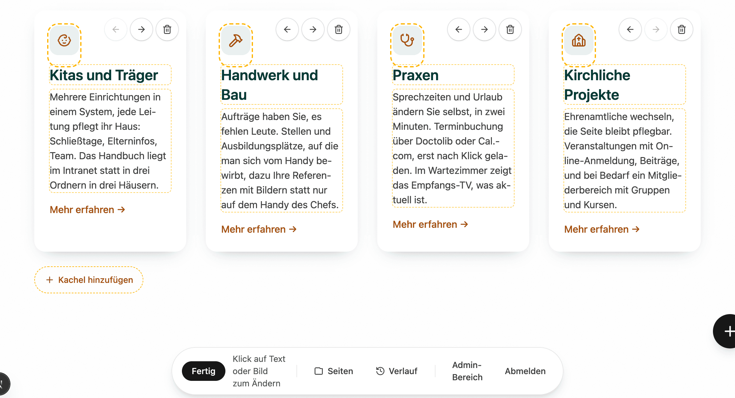 Bearbeiten-Modus: Texte der vier Zielgruppen-Kacheln werden direkt auf der Seite geändert