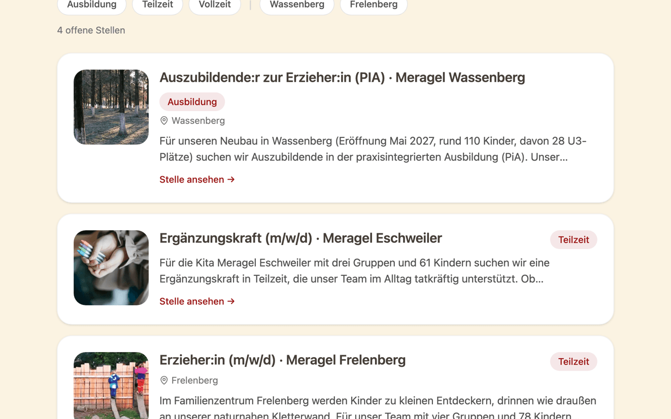 Karriereseite der Kindertagesstätten Meragel mit offenen Stellen