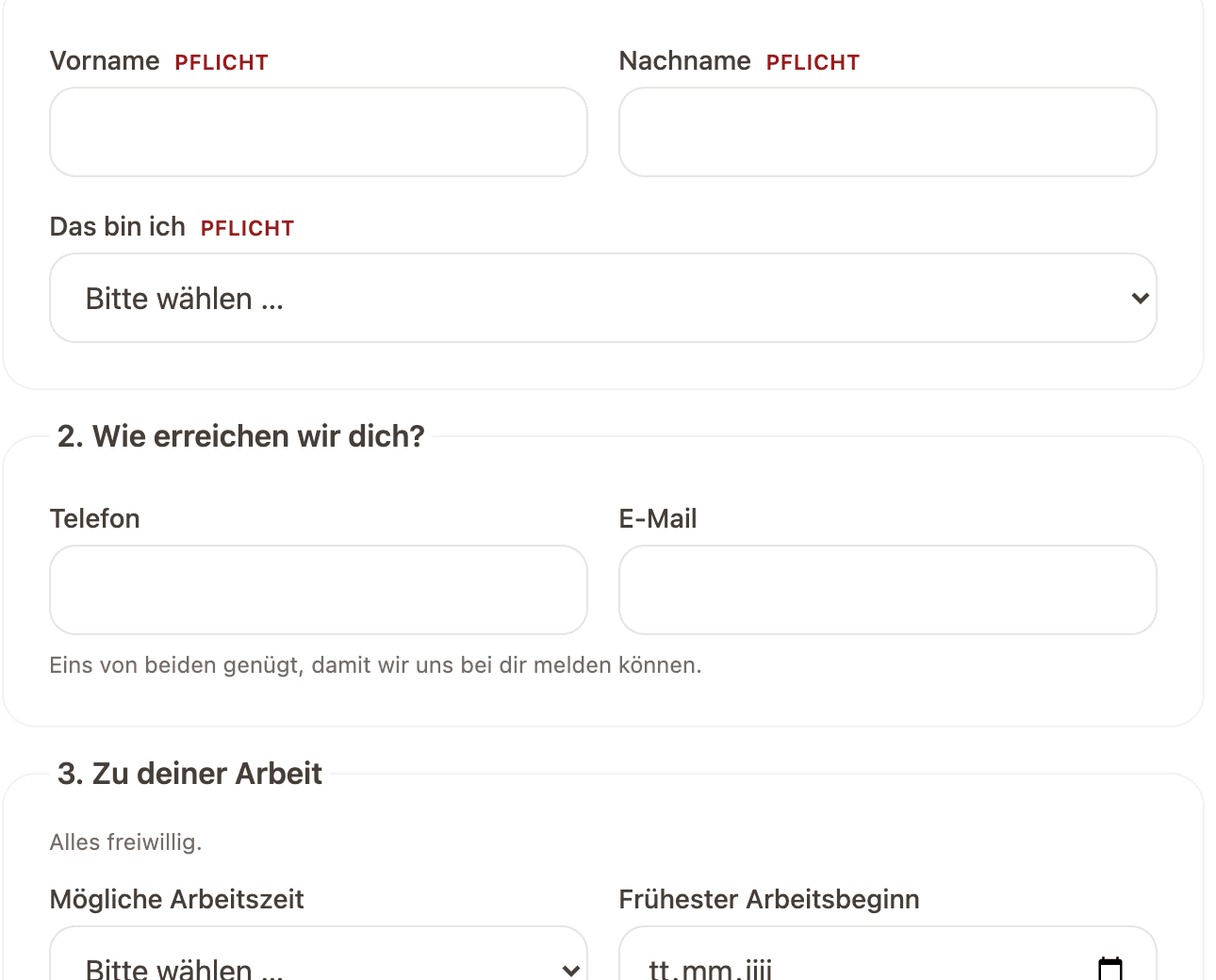 Bewerbungsformular mit Vorname, Nachname, „Das bin ich“ und Erreichbarkeit