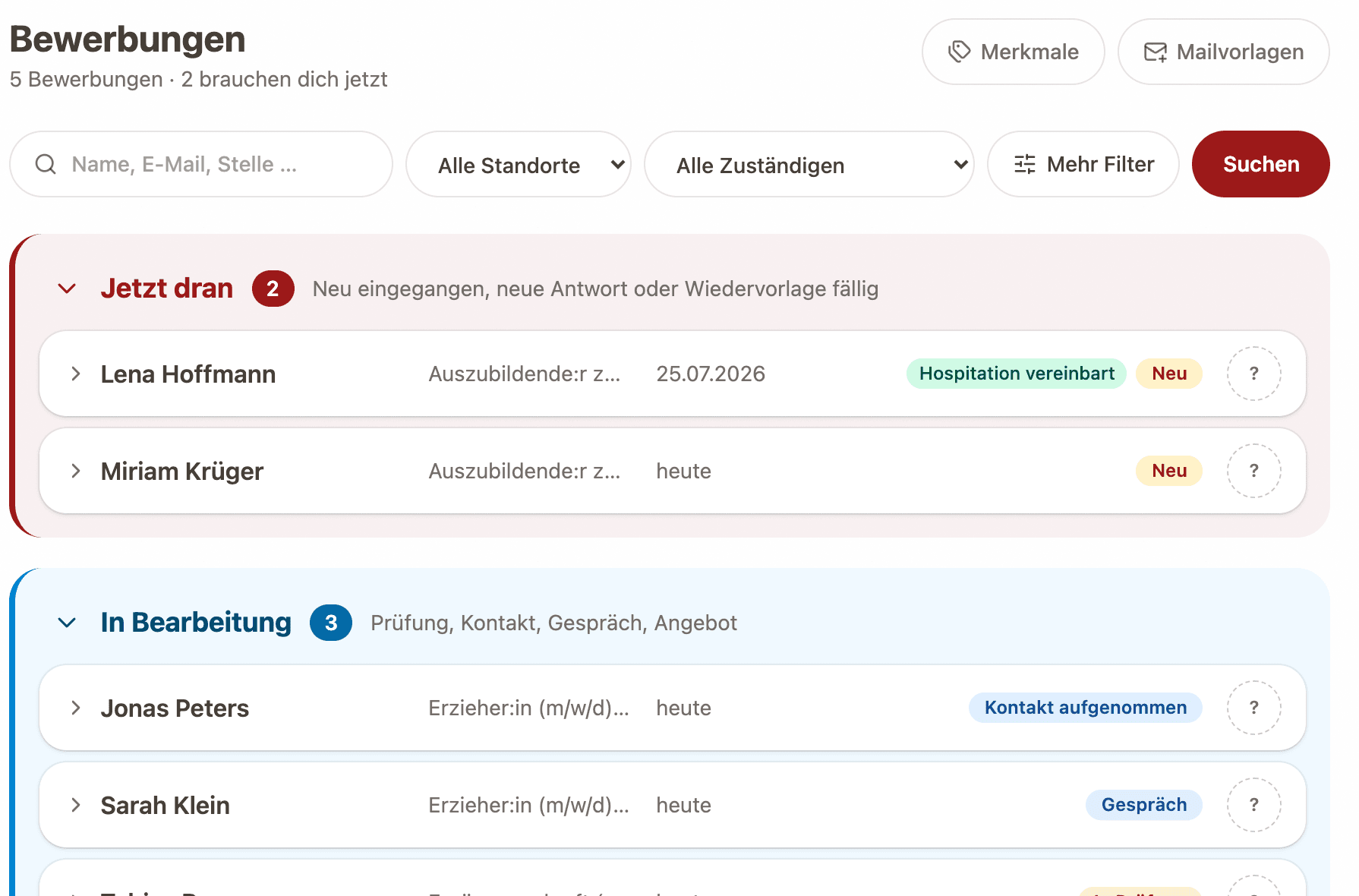 Bewerbungsübersicht mit den Abschnitten „Jetzt dran“ und „In Bearbeitung“