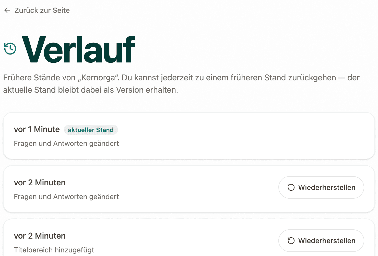 Verlauf einer Seite mit früheren Ständen und dem Knopf „Wiederherstellen“